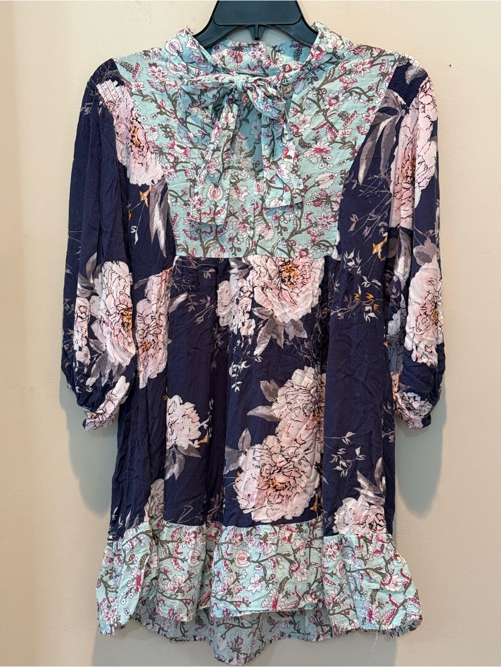 Umgee Navy & Mint Floral Tie-Neck Girls Dress